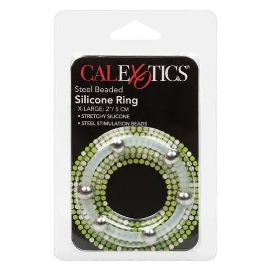 Bague pénienne XL en silicone noir avec perles en acier inoxydable Calexotics - anneau de stimulation pour hommes
