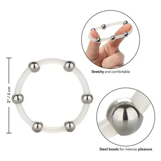 Bague pénienne XL en silicone noir avec perles en acier inoxydable Calexotics - anneau de stimulation pour hommes