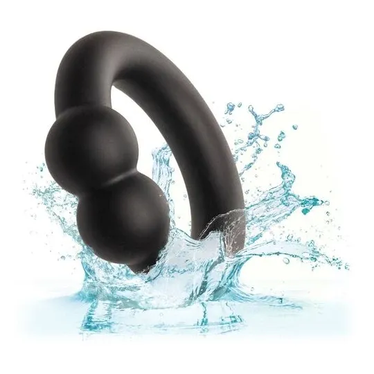 Bague musculaire Alpha Noir CalExotics en silicone liquide noir avec perles de stimulation, anneau pénien ajustable.