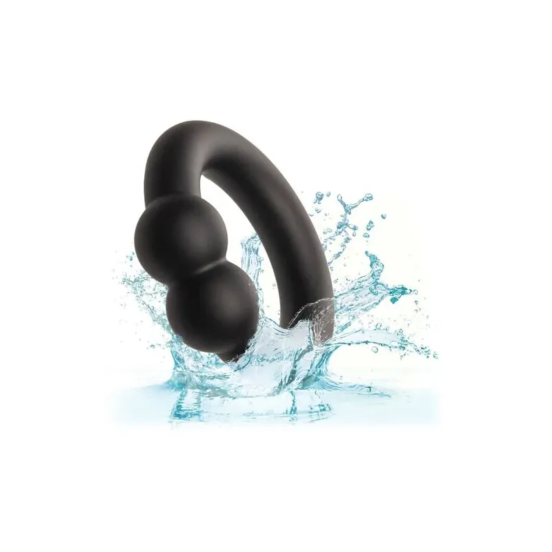 Bague musculaire Alpha Noir CalExotics en silicone liquide noir avec perles de stimulation, anneau pénien ajustable.