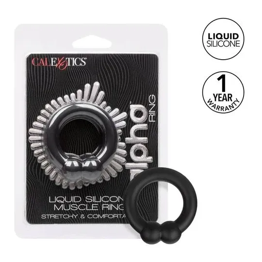 Bague musculaire Alpha Noir CalExotics en silicone liquide noir avec perles de stimulation, anneau pénien ajustable.