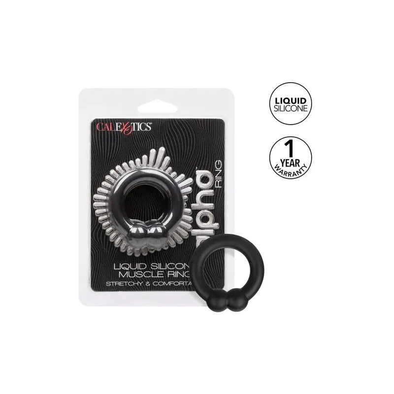 Bague musculaire Alpha Noir CalExotics en silicone liquide noir avec perles de stimulation, anneau pénien ajustable.