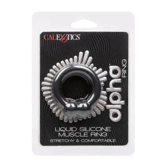 Bague musculaire Alpha Noir CalExotics en silicone liquide noir avec perles de stimulation, anneau pénien ajustable.
