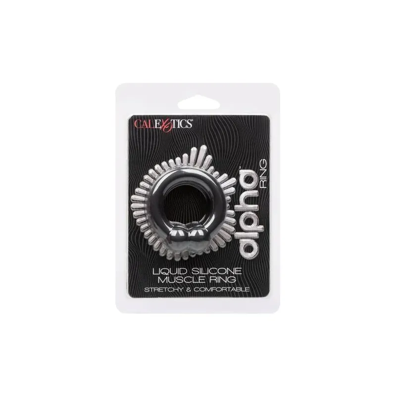 Bague musculaire Alpha Noir CalExotics en silicone liquide noir avec perles de stimulation, anneau pénien ajustable.