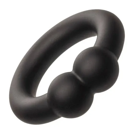Bague musculaire Alpha Noir CalExotics en silicone liquide noir avec perles de stimulation, anneau pénien ajustable.