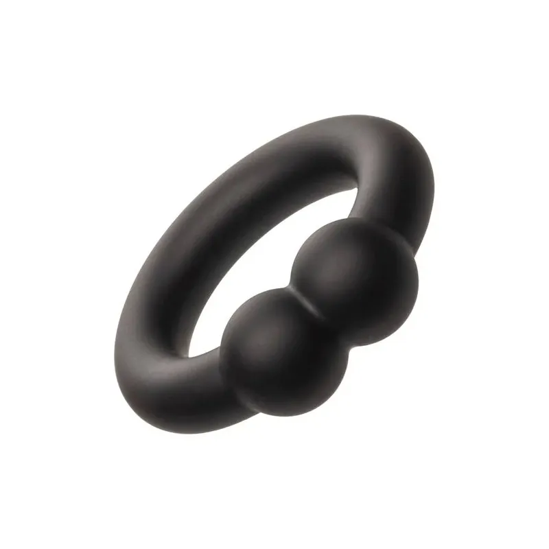 Bague musculaire Alpha Noir CalExotics en silicone liquide noir avec perles de stimulation, anneau pénien ajustable.