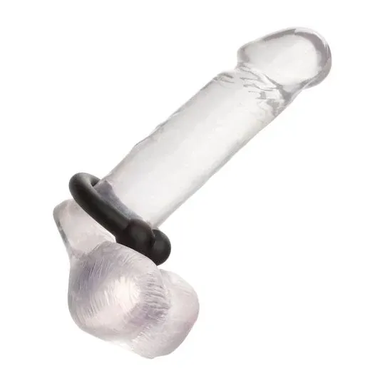 Bague musculaire Alpha Noir CalExotics en silicone liquide noir avec perles de stimulation, anneau pénien ajustable.