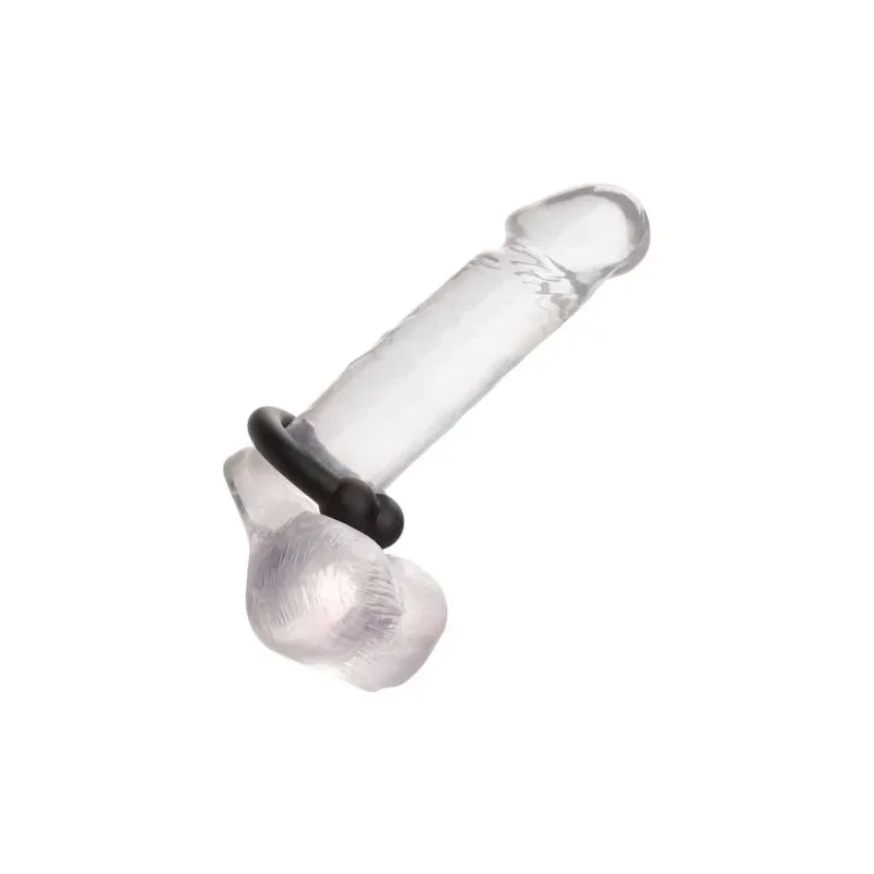 Bague musculaire Alpha Noir CalExotics en silicone liquide noir avec perles de stimulation, anneau pénien ajustable.