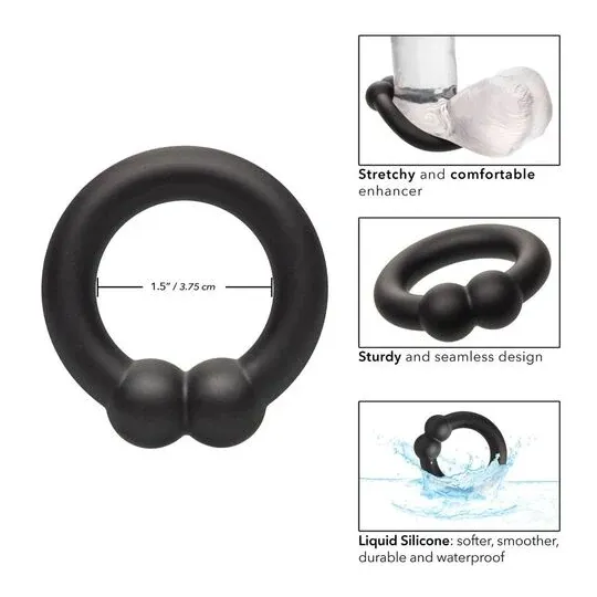 Bague musculaire Alpha Noir CalExotics en silicone liquide noir avec perles de stimulation, anneau pénien ajustable.
