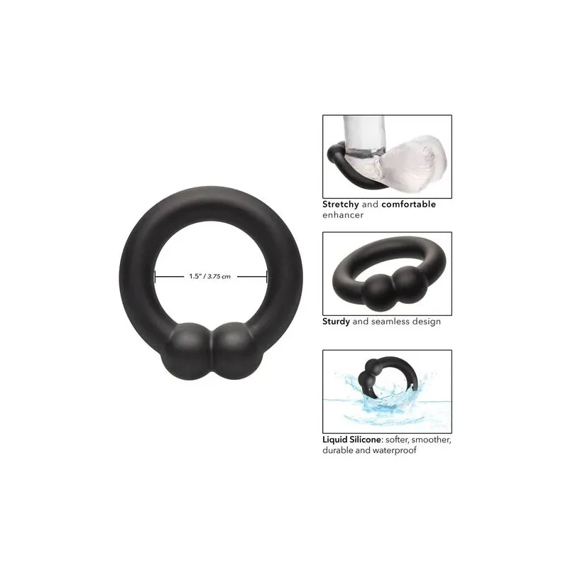 Bague musculaire Alpha Noir CalExotics en silicone liquide noir avec perles de stimulation, anneau pénien ajustable.