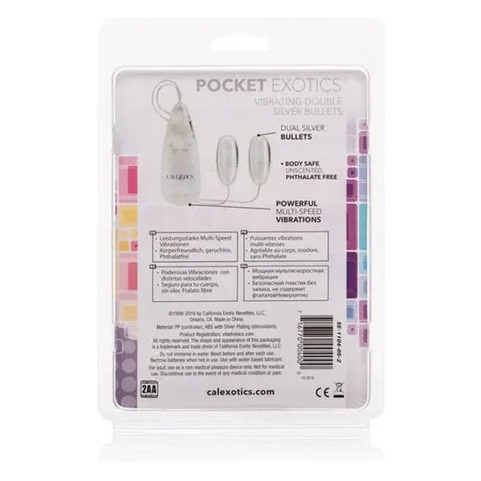 Balles vibrantes duo argentées CALEXOTICS, multi-vitesses en ABS pour stimulation sensuelle.
