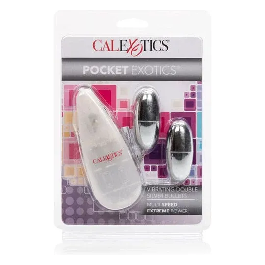 Balles vibrantes duo argentées CALEXOTICS, multi-vitesses en ABS pour stimulation sensuelle.