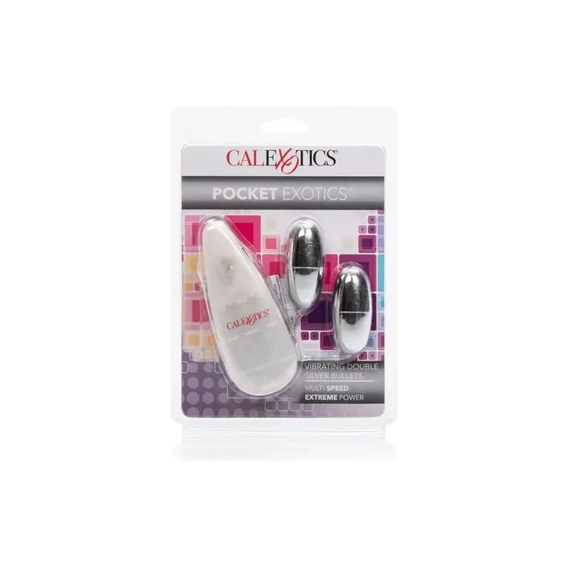 Balles vibrantes duo argentées CALEXOTICS, multi-vitesses en ABS pour stimulation sensuelle.