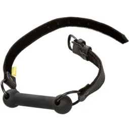 Black adjustable bar gag by CALEXOTICS with vegan leather strap and adjustable buckles for BDSM play.