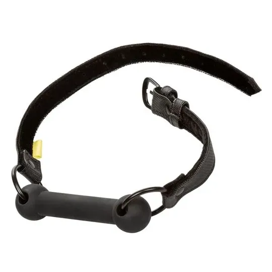 Black adjustable bar gag by CALEXOTICS with vegan leather strap and adjustable buckles for BDSM play.