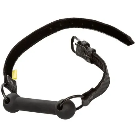 Black adjustable bar gag by CALEXOTICS with vegan leather strap and adjustable buckles for BDSM play.