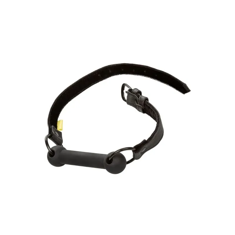 Black adjustable bar gag by CALEXOTICS with vegan leather strap and adjustable buckles for BDSM play.