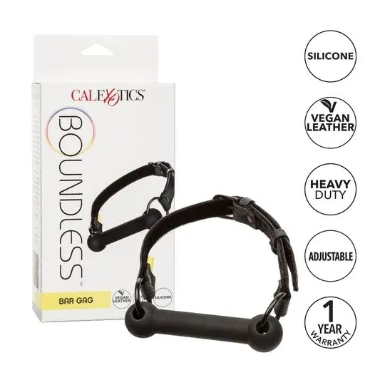 Black adjustable bar gag by CALEXOTICS with vegan leather strap and adjustable buckles for BDSM play.