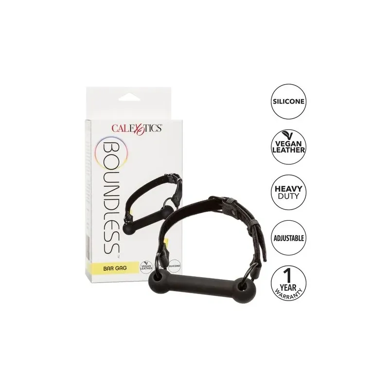 Black adjustable bar gag by CALEXOTICS with vegan leather strap and adjustable buckles for BDSM play.