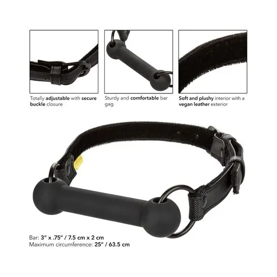 Black adjustable bar gag by CALEXOTICS with vegan leather strap and adjustable buckles for BDSM play.