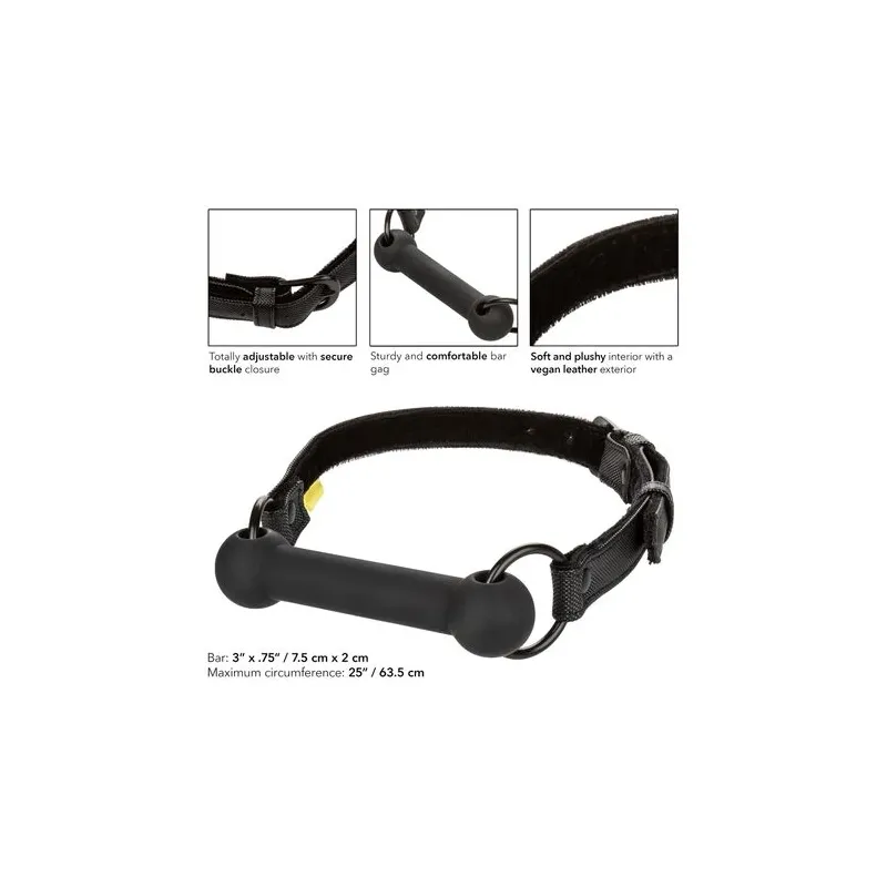 Black adjustable bar gag by CALEXOTICS with vegan leather strap and adjustable buckles for BDSM play.