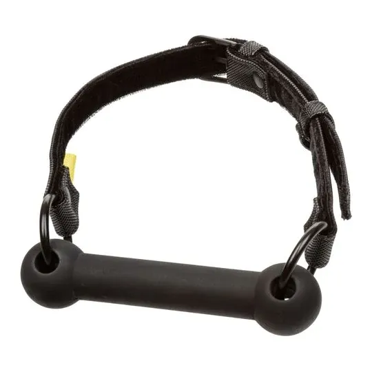 Black adjustable bar gag by CALEXOTICS with vegan leather strap and adjustable buckles for BDSM play.