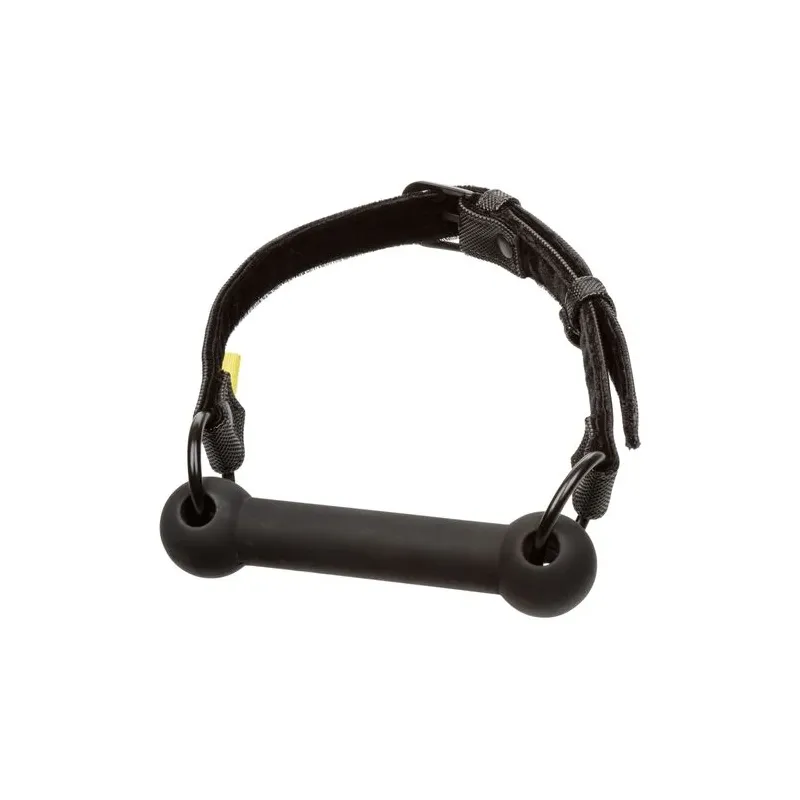 Black adjustable bar gag by CALEXOTICS with vegan leather strap and adjustable buckles for BDSM play.