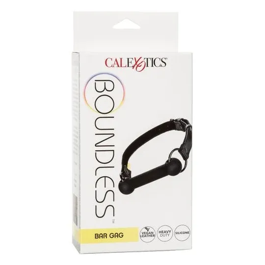 Black adjustable bar gag by CALEXOTICS with vegan leather strap and adjustable buckles for BDSM play.