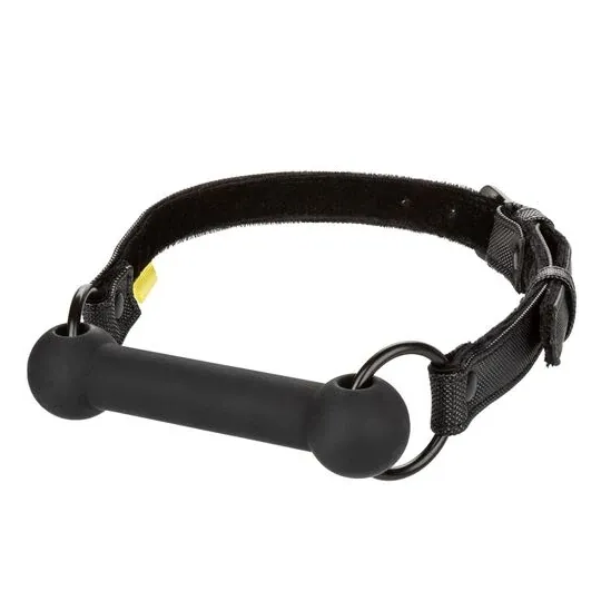 Black adjustable bar gag by CALEXOTICS with vegan leather strap and adjustable buckles for BDSM play.