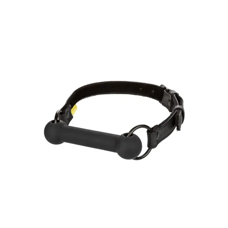 Black adjustable bar gag by CALEXOTICS with vegan leather strap and adjustable buckles for BDSM play.
