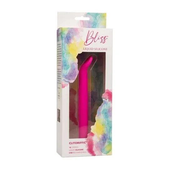 Masseur clitoridien CalExotics Bliss rose en silicone liquide avec tête flexible et 10 vibrations.