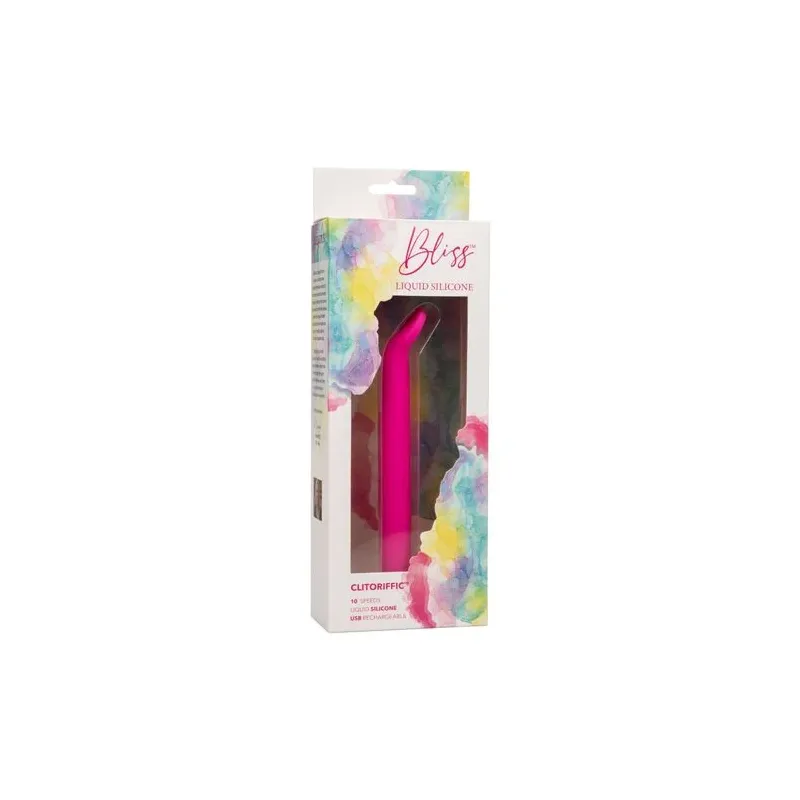Masseur clitoridien CalExotics Bliss rose en silicone liquide avec tête flexible et 10 vibrations.