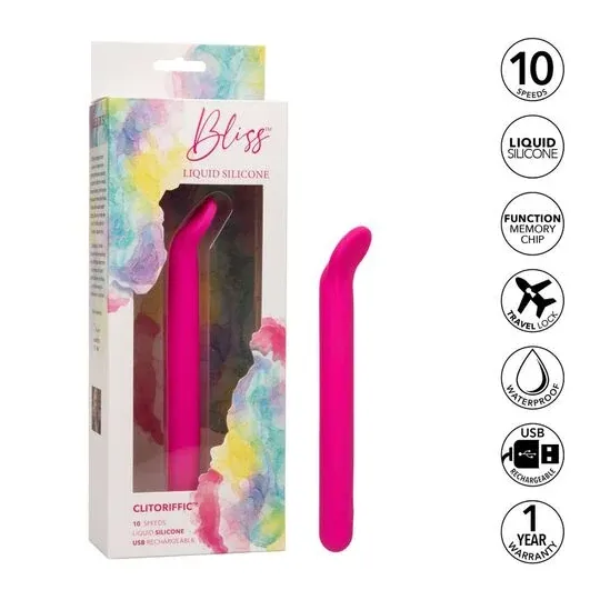 Masseur clitoridien CalExotics Bliss rose en silicone liquide avec tête flexible et 10 vibrations.