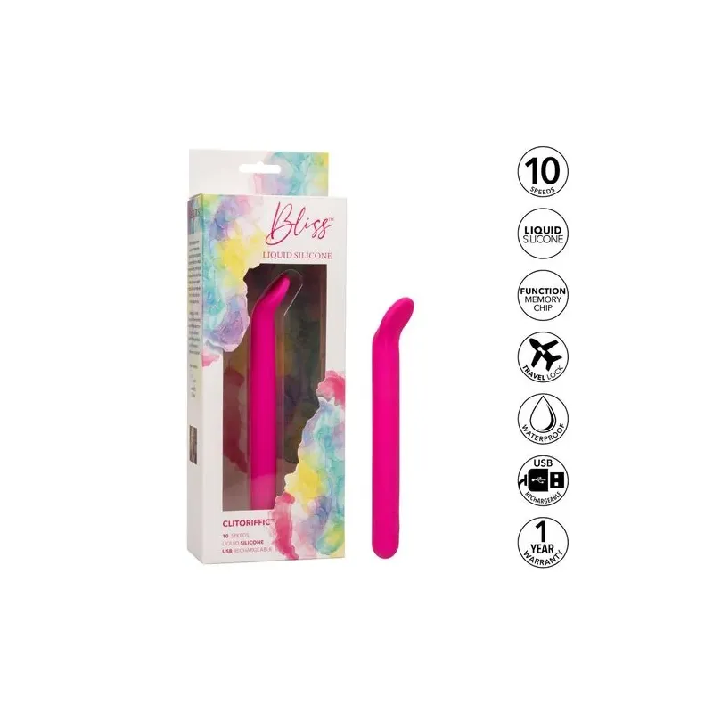 Masseur clitoridien CalExotics Bliss rose en silicone liquide avec tête flexible et 10 vibrations.
