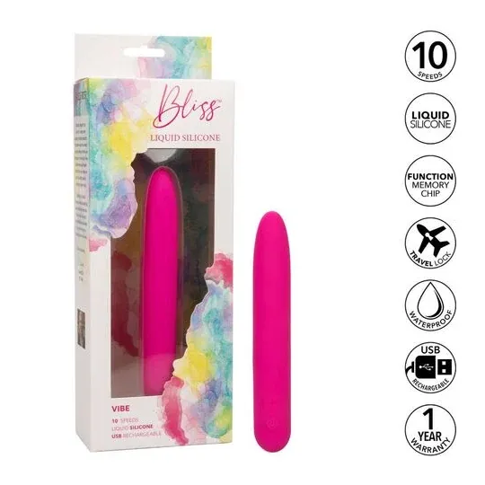 Vibratore rosa CalExotics Bliss Vibe in silicone liquido con 10 velocità progressive.
