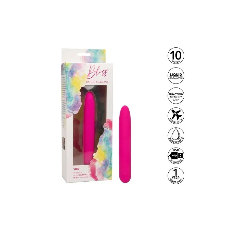 Vibratore rosa CalExotics Bliss Vibe in silicone liquido con 10 velocità progressive.
