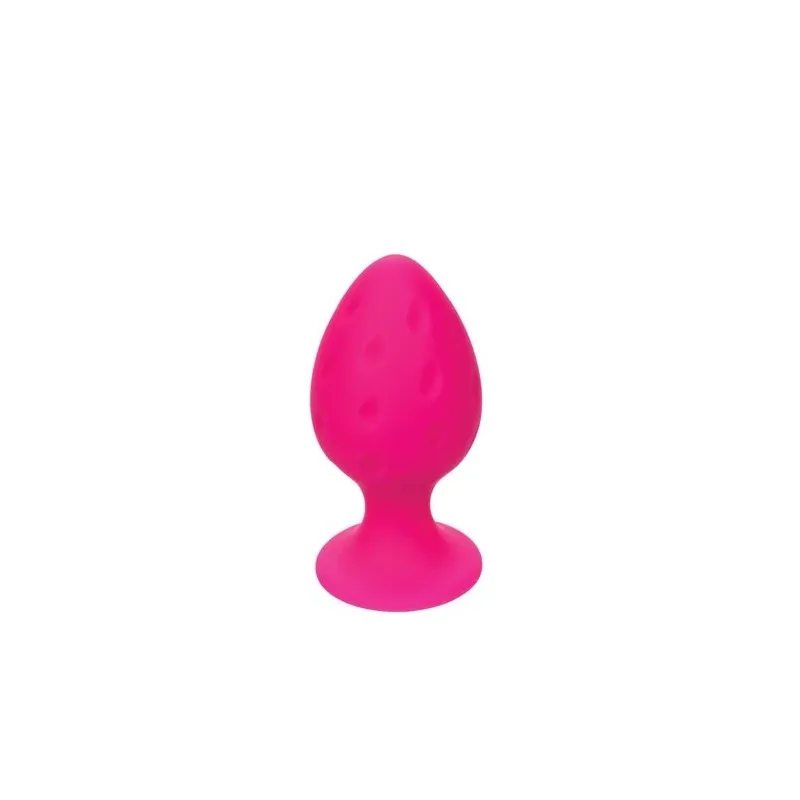 Plug anale rosa in silicone CALEXOTICS con base ventosa, tenuta sicura e texture varia per sensazioni intense.