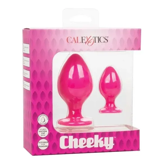 Plug anale rosa in silicone CALEXOTICS con base ventosa, tenuta sicura e texture varia per sensazioni intense.