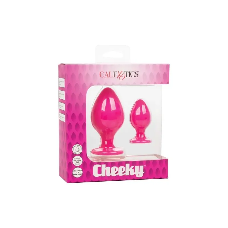 Plug anale rosa in silicone CALEXOTICS con base ventosa, tenuta sicura e texture varia per sensazioni intense.