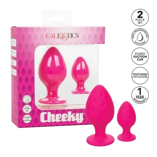 Plug anale rosa in silicone CALEXOTICS con base ventosa, tenuta sicura e texture varia per sensazioni intense.