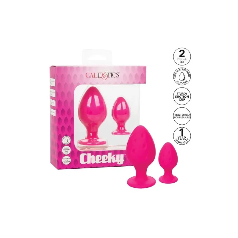 Plug anale rosa in silicone CALEXOTICS con base ventosa, tenuta sicura e texture varia per sensazioni intense.