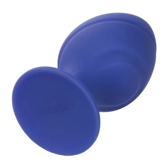 Vista frontal del plug anal Calexotics Cheeky violeta, silicona suave con base de brida y ventosa." }, { "fr": "Vue arrière du p