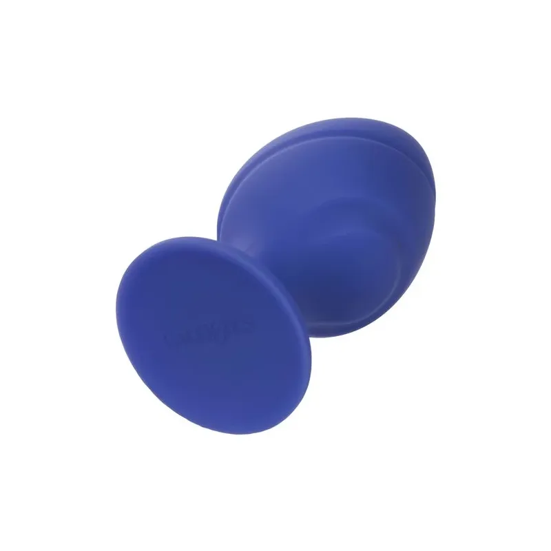 Vista frontale del plug anale Calexotics Cheeky viola, silicone morbido con base a ventosa.