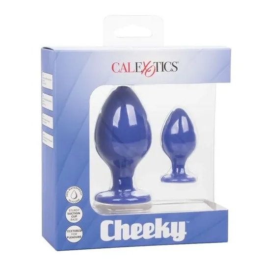 Front view of Calexotics Cheeky purple anal plug, soft silicone with flared base and suction cup.