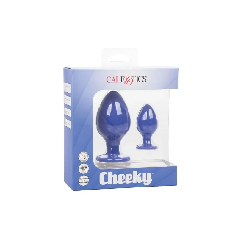Vista frontale del plug anale Calexotics Cheeky viola, silicone morbido con base a ventosa.