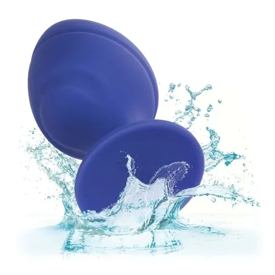 Vista frontal del plug anal Calexotics Cheeky violeta, silicona suave con base de brida y ventosa." }, { "fr": "Vue arrière du p