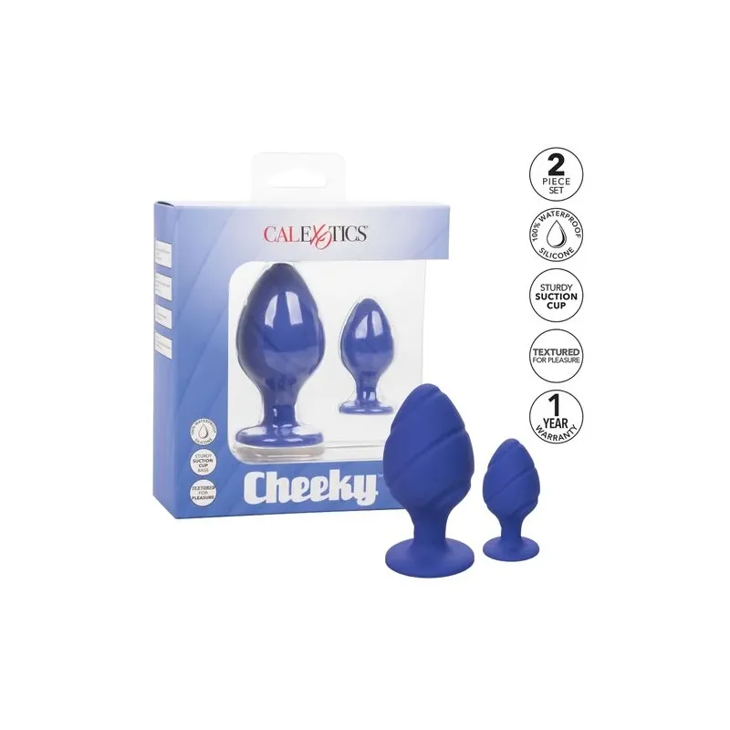 Vista frontal del plug anal Calexotics Cheeky violeta, silicona suave con base de brida y ventosa." }, { "fr": "Vue arrière du p