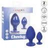 Vista frontale del plug anale Calexotics Cheeky viola, silicone morbido con base a ventosa.