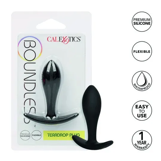 CalExotics Boundless Slim Plug : plug anal en silicone flexible, forme effilée pour débutants, poignée de retrait facile.