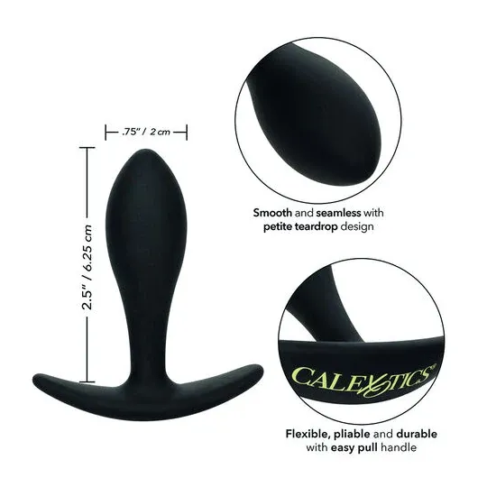 CalExotics Boundless Slim Plug : plug anal en silicone flexible, forme effilée pour débutants, poignée de retrait facile.
